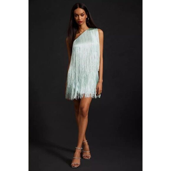 NWT ANTHROPOLOGIE X HUTCH ONE SHOULDER FRINGE MINI DRESS IN MINT - Picture 4 of 4